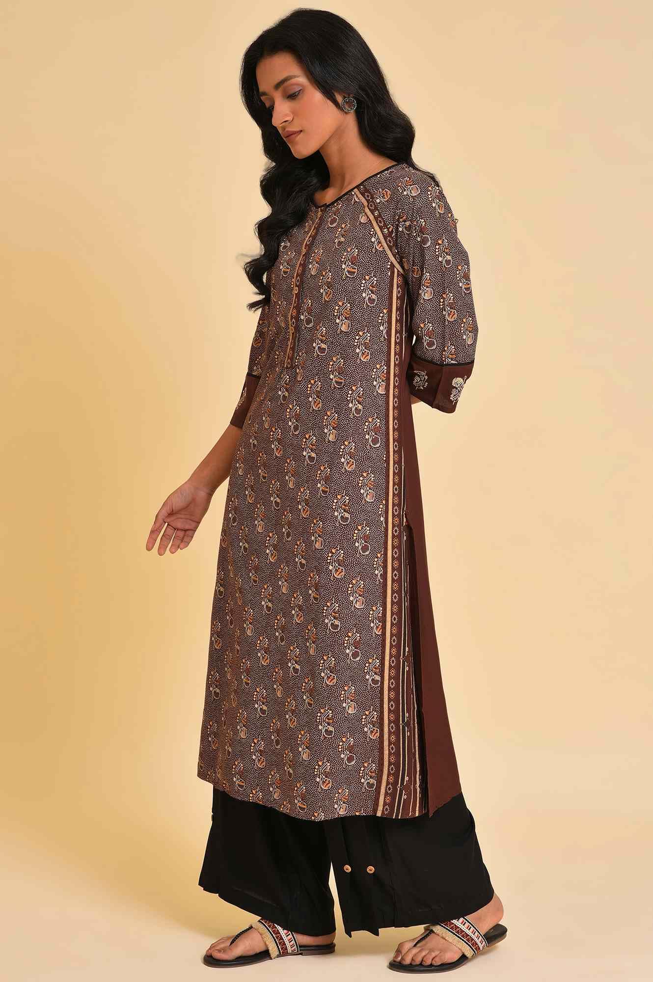 W For Woman Brown Paisley Printed Straight Long Kurta With Coins