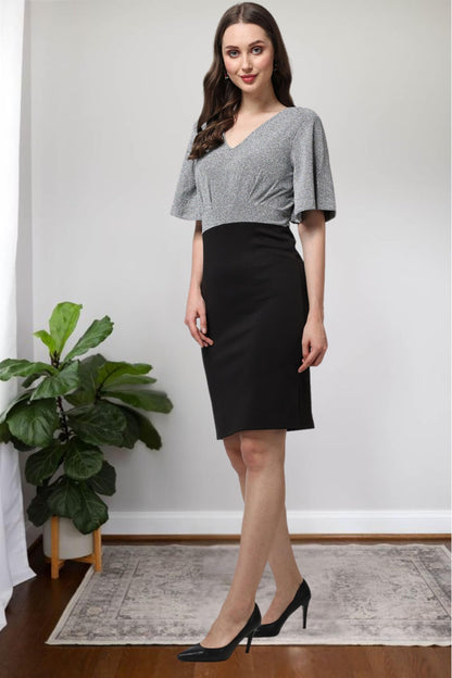 Popwings Casual Black And Grey Shimmer Solid Half Sleeves V-Neck Bodycon Dress For Women || Knee-Length Women Bodycon Dress For