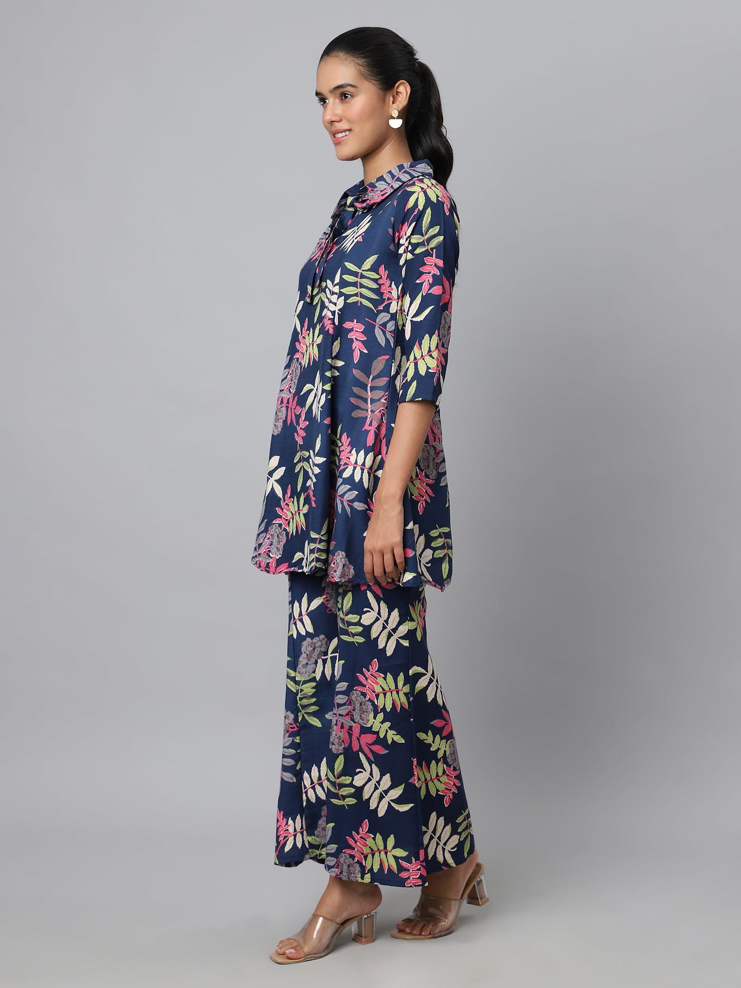 Shasmi Soft Maslin Silk V Neck Co-Ords Set For WomenS | Printed Shirt & Bottom Set For Women | Suit Set | Two Piece Dress (Co-O