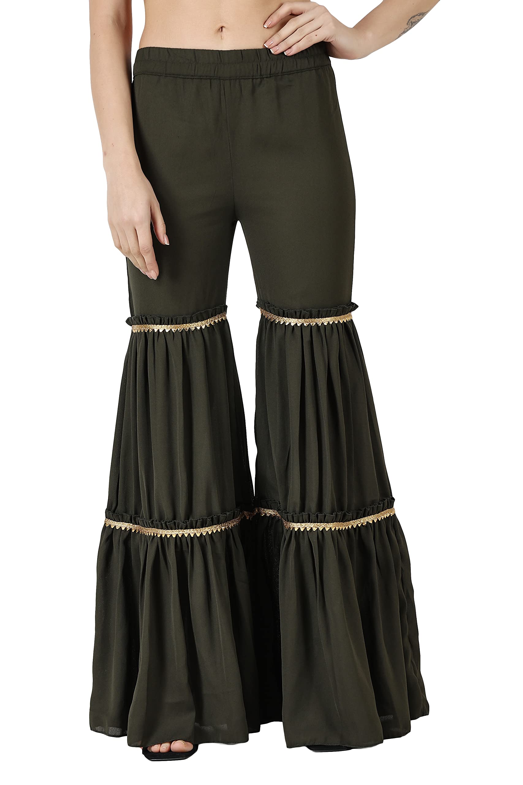 Popwings Casual Olive Georgette Gharara Pant For Women