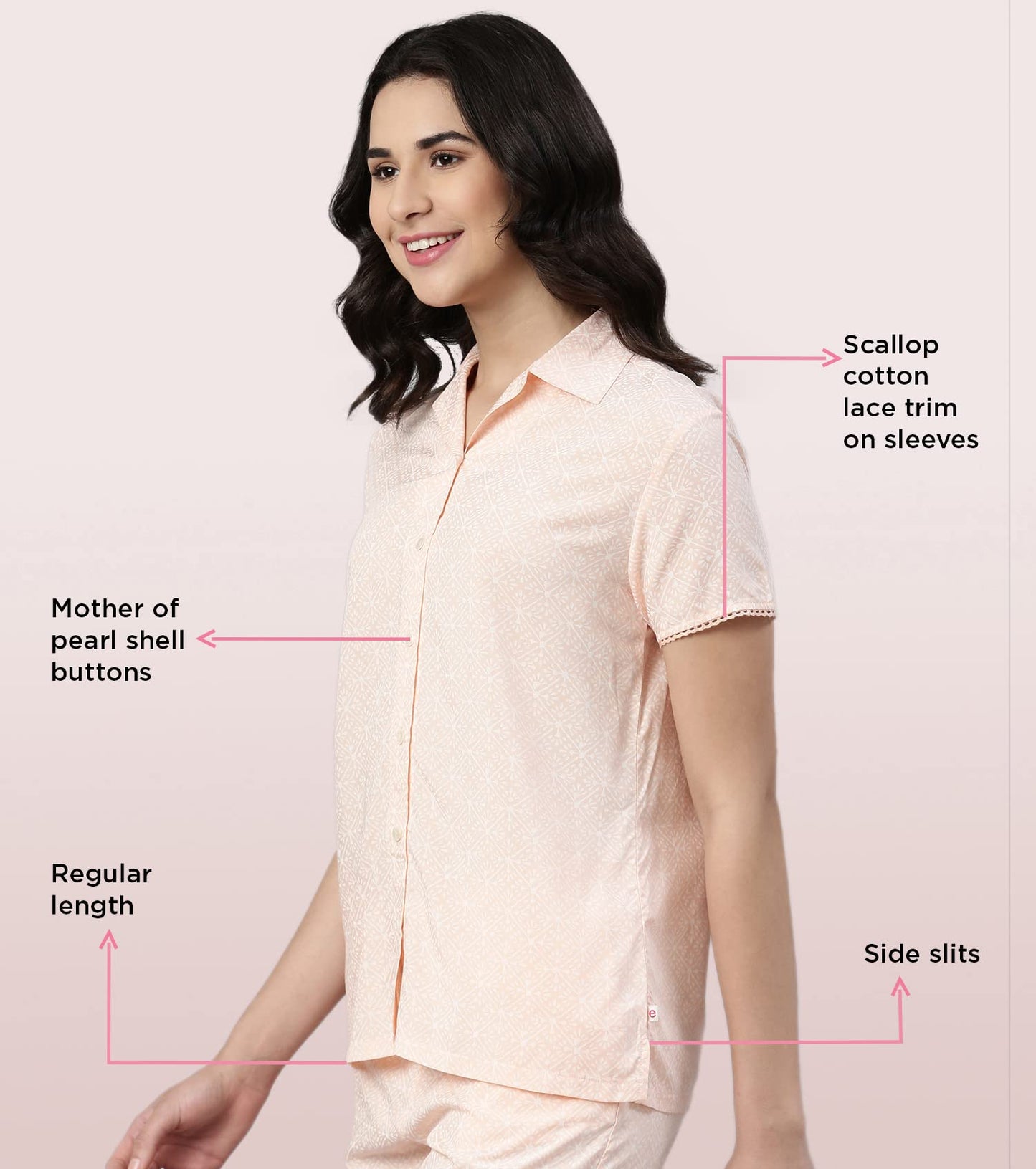 Enamor EC13 Printed Slounge Shirt and Shorts Set for Women with Scallop Lace Trim
