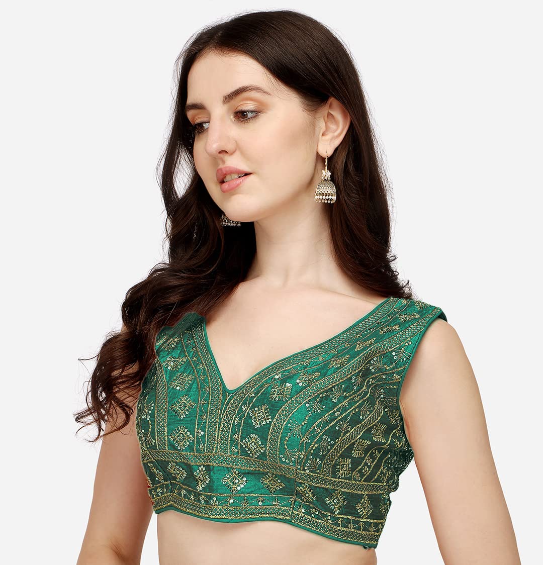 Vihu Fashion WomenS Silk Embroidery Sequins Zari Work Readymade Saree Blouse