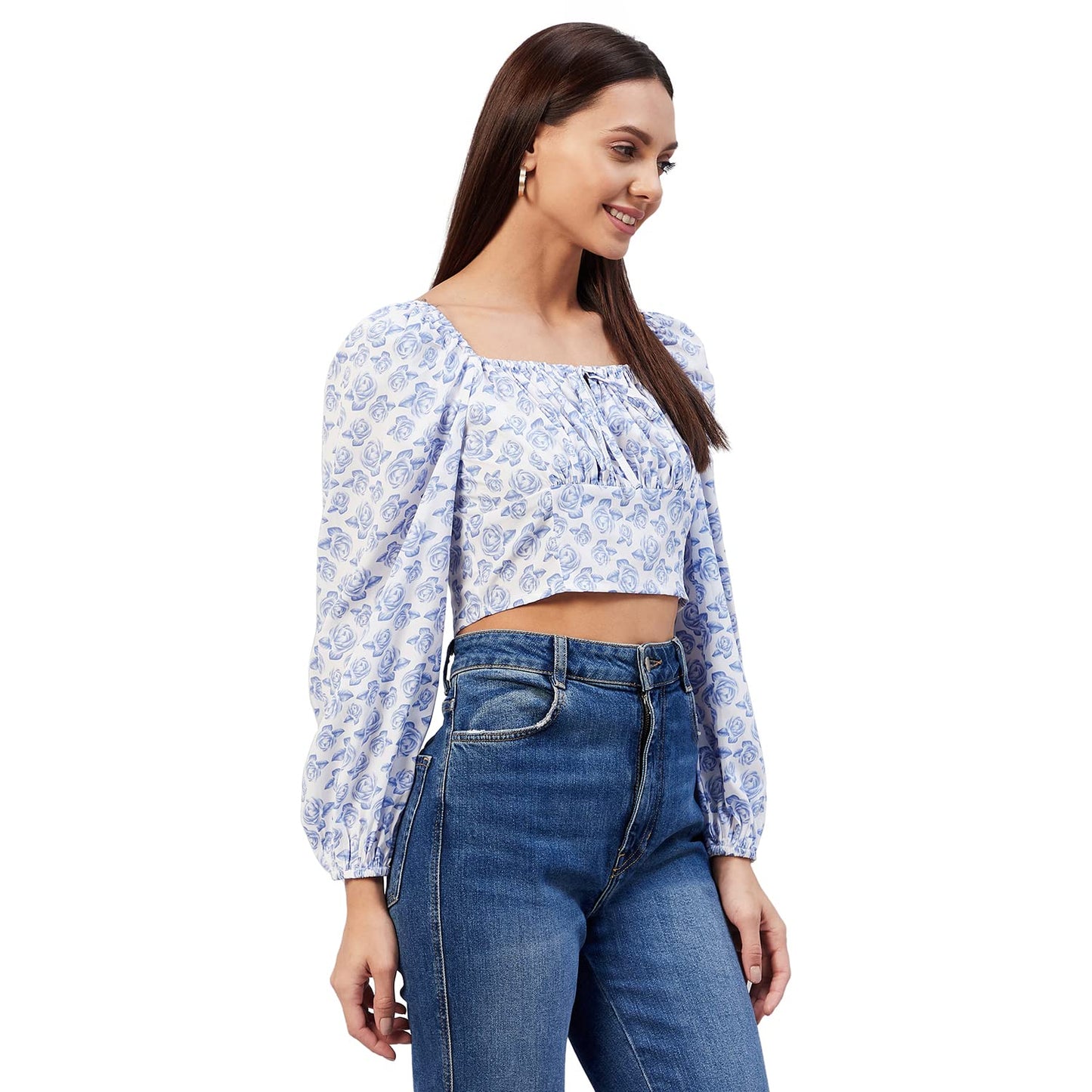Rare Women Casual White Colour Square Neck Floral Fitted Top