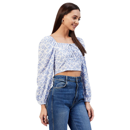Rare Women Casual White Colour Square Neck Floral Fitted Top