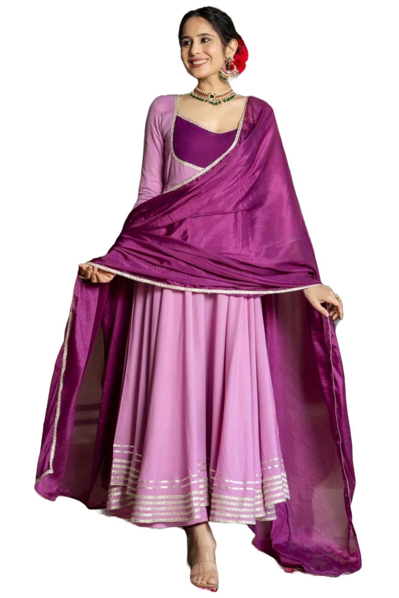 ANNI DESIGNER Anarkali Women s Plain Viscose Kurta with Trousers and Dupatta, lavender, Small