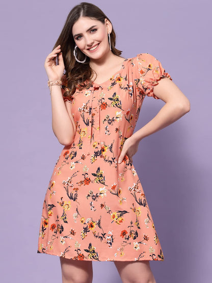 Oomph! Dress For Women Stylish| Summer Vacation Style |Floral Print Puff Sleeve Dress | Lightweight Flared Maxi For Casual & Hol