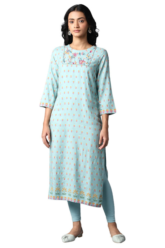 W for Woman Blue Printed Kurta with Thread Embroidery