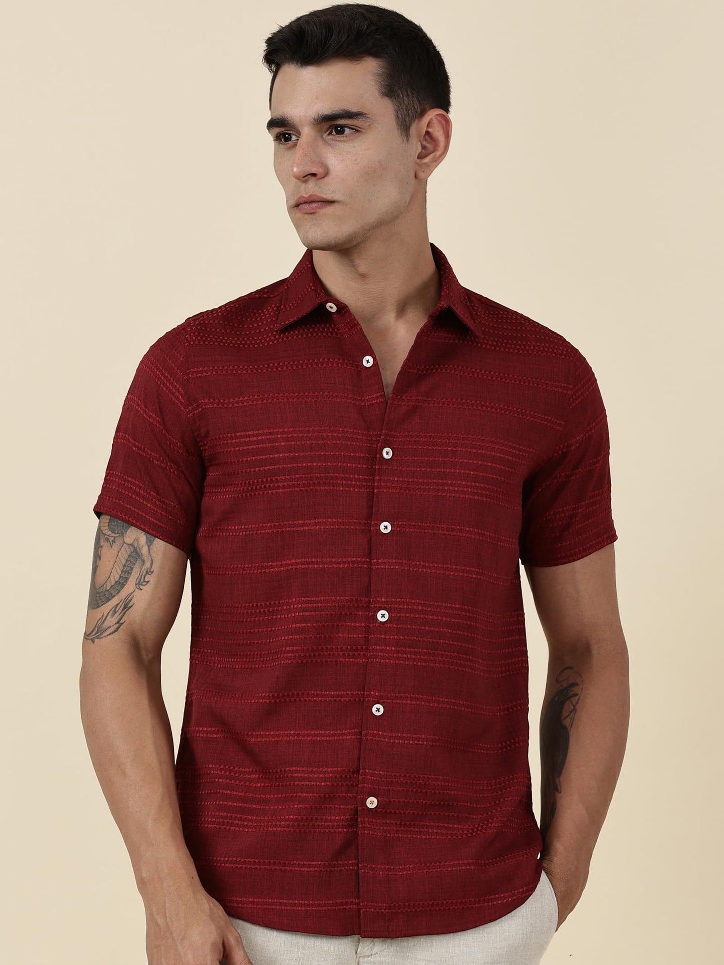 Thomas Scott Short Sleeve Embroderied Casual Shirt for Men Red