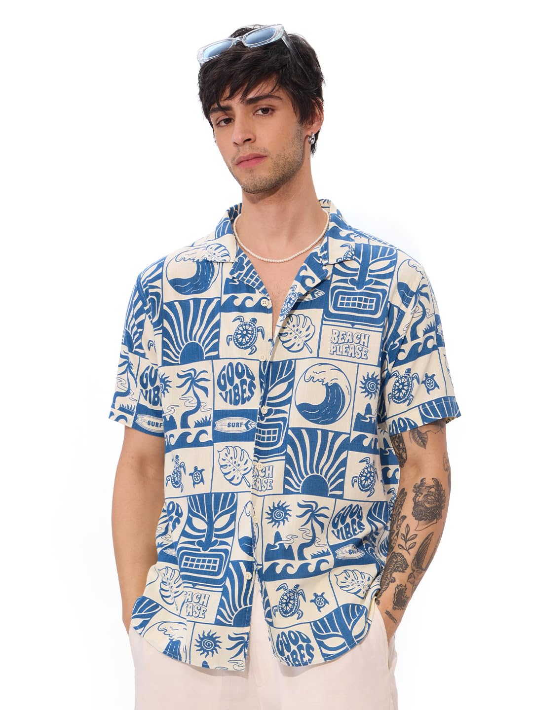 The Souled Store Summer Vibe Men and Boys Short Sleeves Collared Neck Button Front Blue and White All Over Printed Regular Fit C