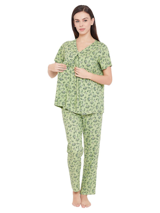 Clovia Womens Rayon Feeding Pretty Florals Top & Pyjama (LS0263A11_Green_XL)