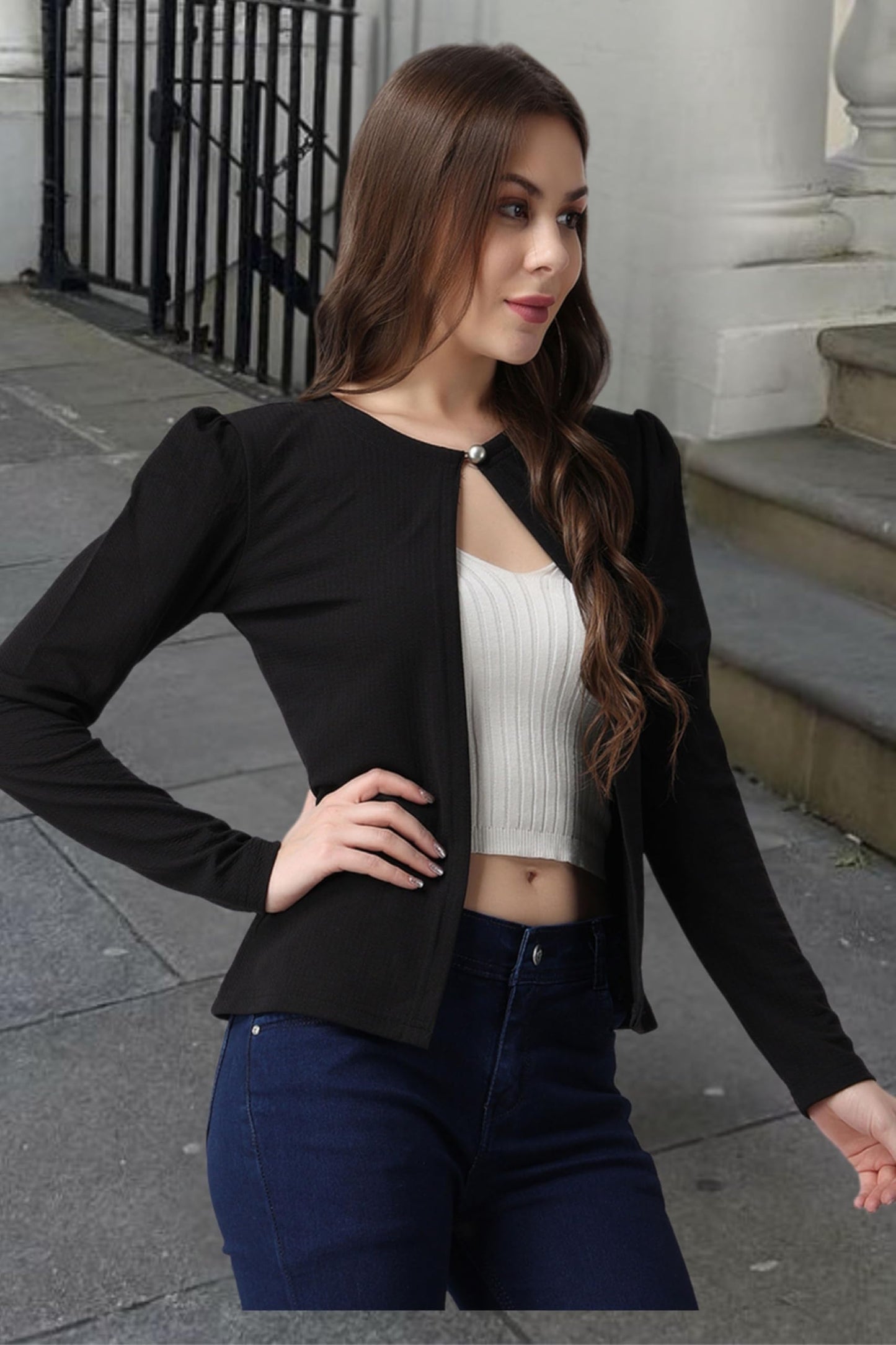 POPWINGS Casual Black Solid Front Open Shrug for Women || Latest Stylish Summer Wear Shrugs for Women || Hip-Length Women Shrug