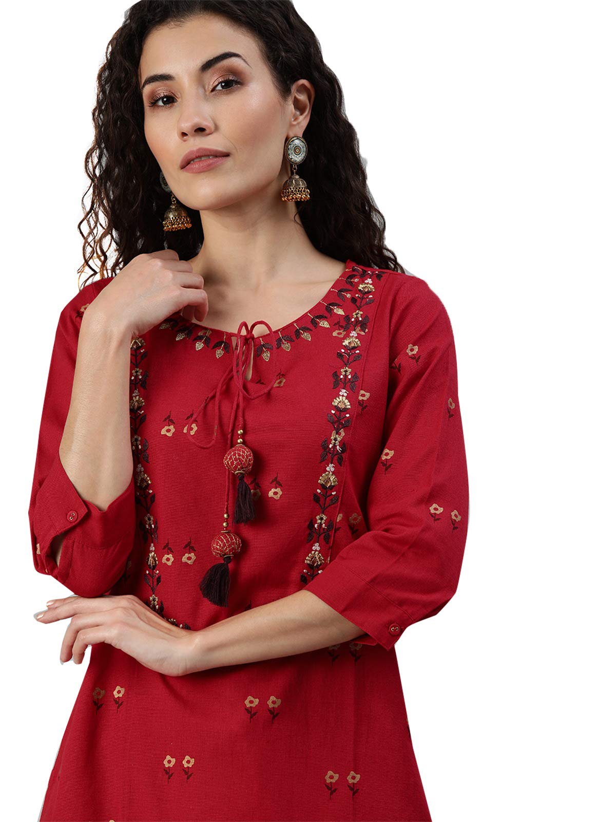 ishin Women's Pure Cotton Red Yoke Design A-Line Kurta With Trouser Set