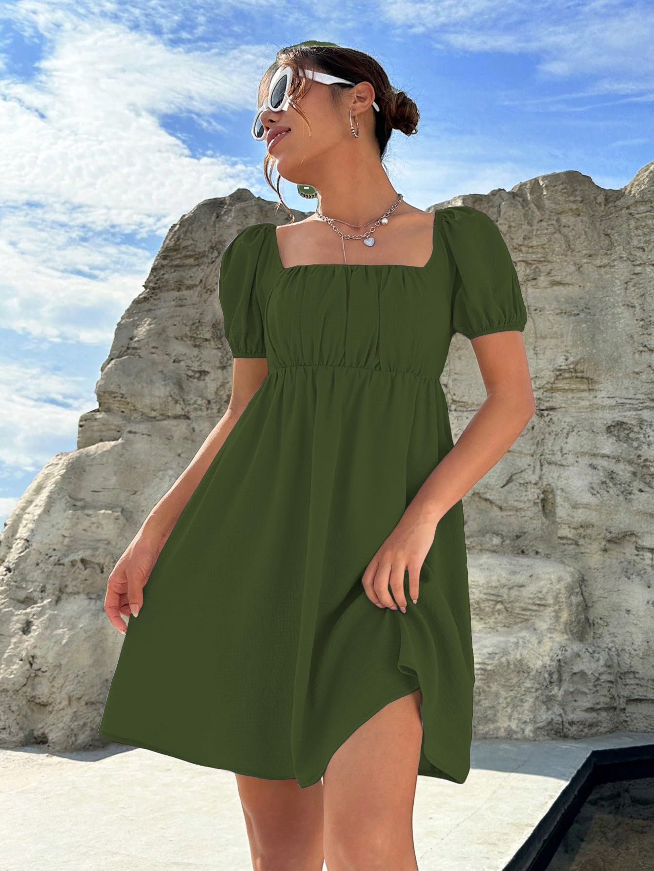 Shasmi WomenS & GirlS Dress For Women L One Piece Dress For Women L Beach Dress For Women, Solid Textured Puff Sleeve Square N