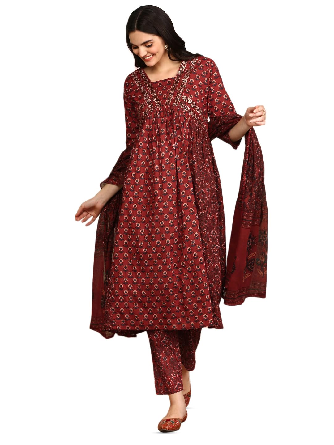 Ishin Women Red Cotton Kurta Sets With Dupatta
