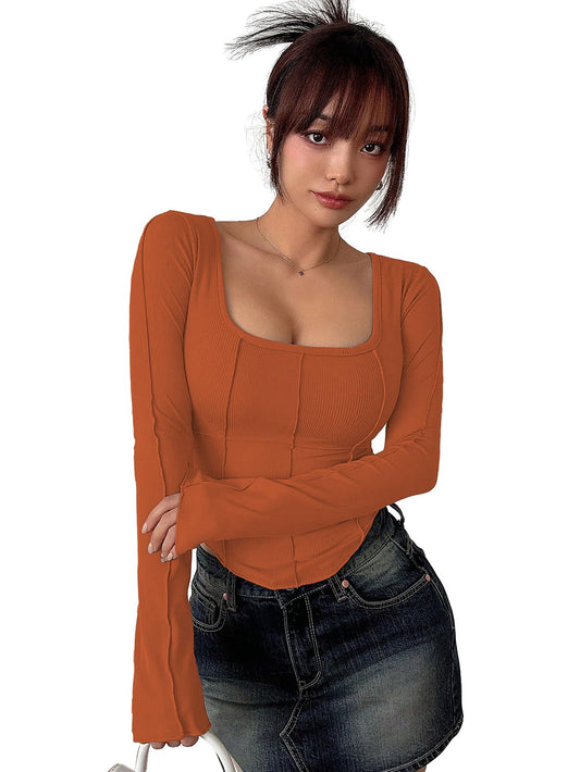 Sugathari Womens Orange Solid Long Sleeve Wrap-Style Square Split Crew Neck Bodycon Women T-Shirt Spring and Summer, Minimalist