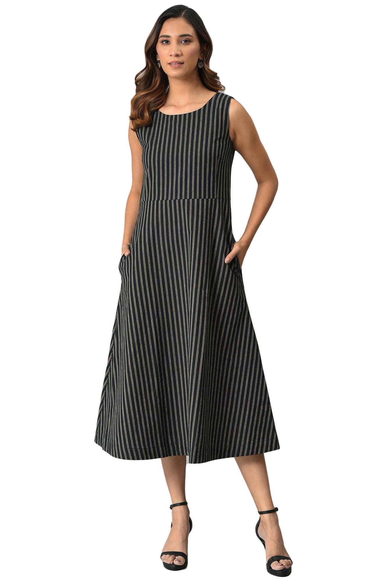W For Woman WomenS Cotton Black Striped Long Sleeveless Dress Calf Length 22Auw18387-830185