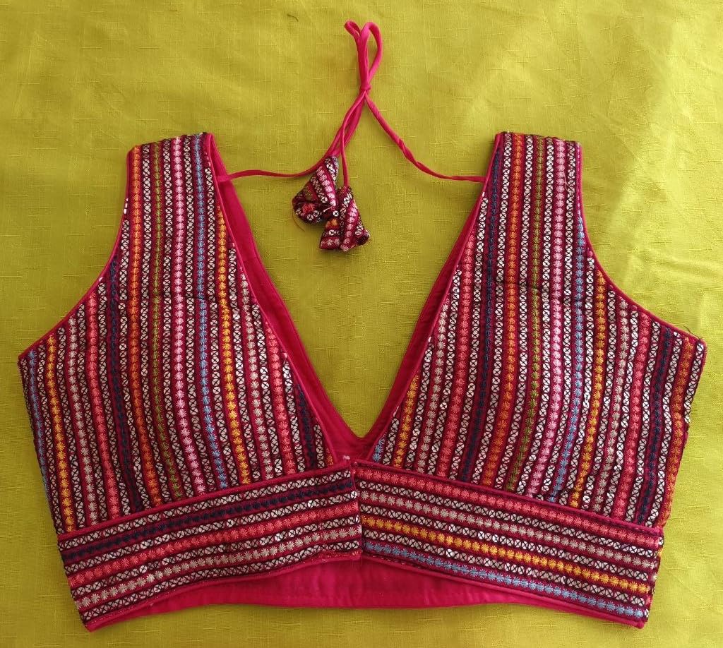 Pujia Mills Womens Sleeveless Readymade sabyasachi Pattern V Neck Blouse Embroidery Work with Sequence Blouse Indian Ethnic wea