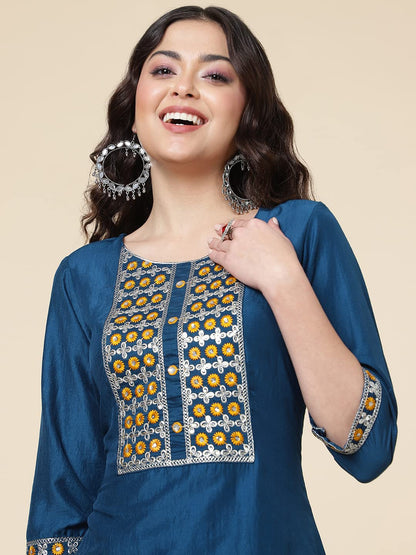 Shiv Textiles Silk Embroidered Kurta Set For Women (224-Blue-S)