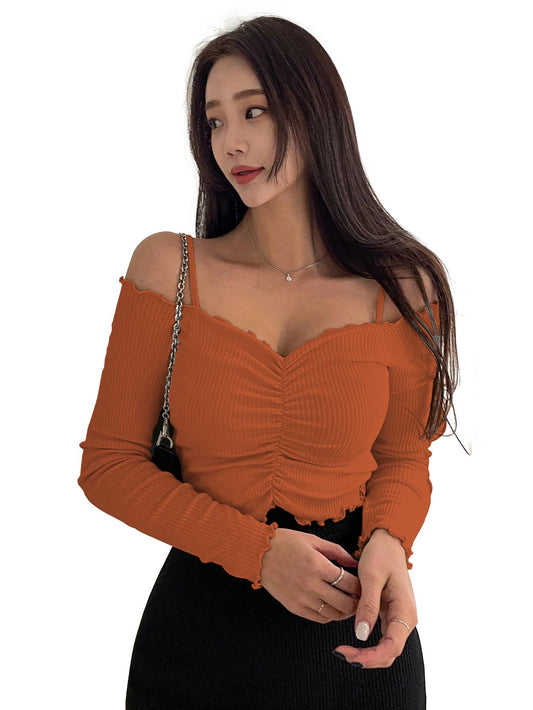 Sugathari Womens Orange Solid Colour Open Cold Off Shoulder Long Sleeve Lettuce Hem Casual Autumn Trim Tight- Slim Fitting Ruch