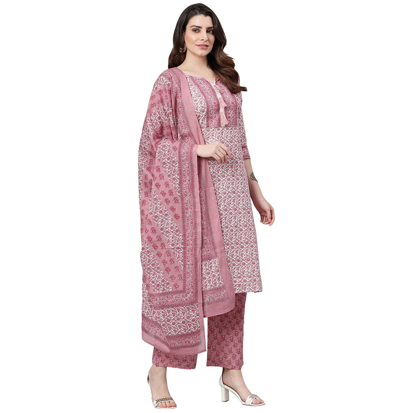 idaLia Womens Ethnic Wear Pink Printed Straight Cotton Kurta Set with Dupatta for Women