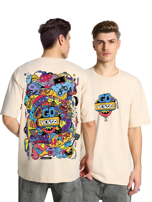 Veirdo Mens Oversized Baggy Fit Cotton Drop Shoulder Short Sleeve Aesthetic Back Doodle Graphic Printed T-Shi