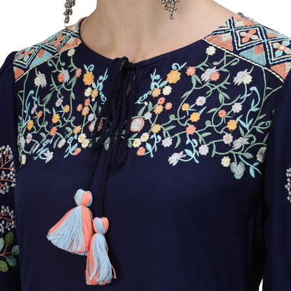 Ishin WomenS Rayon Navyn Blue Embroidered A-Line Top