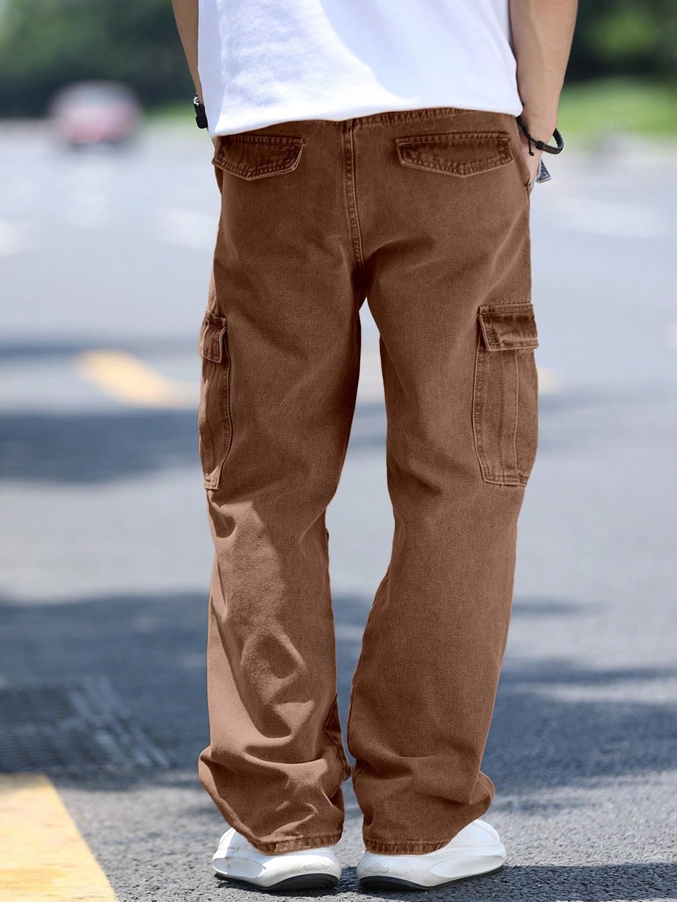AVANOVA Mens Brown Cargo Jeans Slim Fit | Stylish Stretch Denim Trousers with Multi Pockets | Casual Wear Pants for Men | Comfor