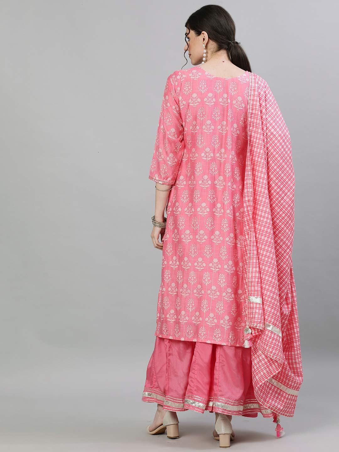 ishin Women's Silk Pink Embellished Straight Kurta set With Sharara And Dupatta