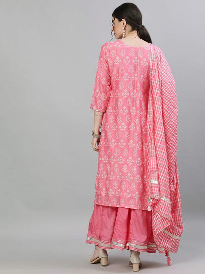 ishin Women's Silk Pink Embellished Straight Kurta set With Sharara And Dupatta