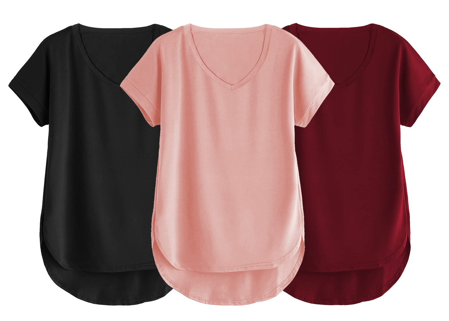 Fabricorn Combo Of Three Plain Maroon, Black And Dusty Rose V-Neck Up And Down Cotton Tshirt For Women (Maroon, Black, Dusty Ros