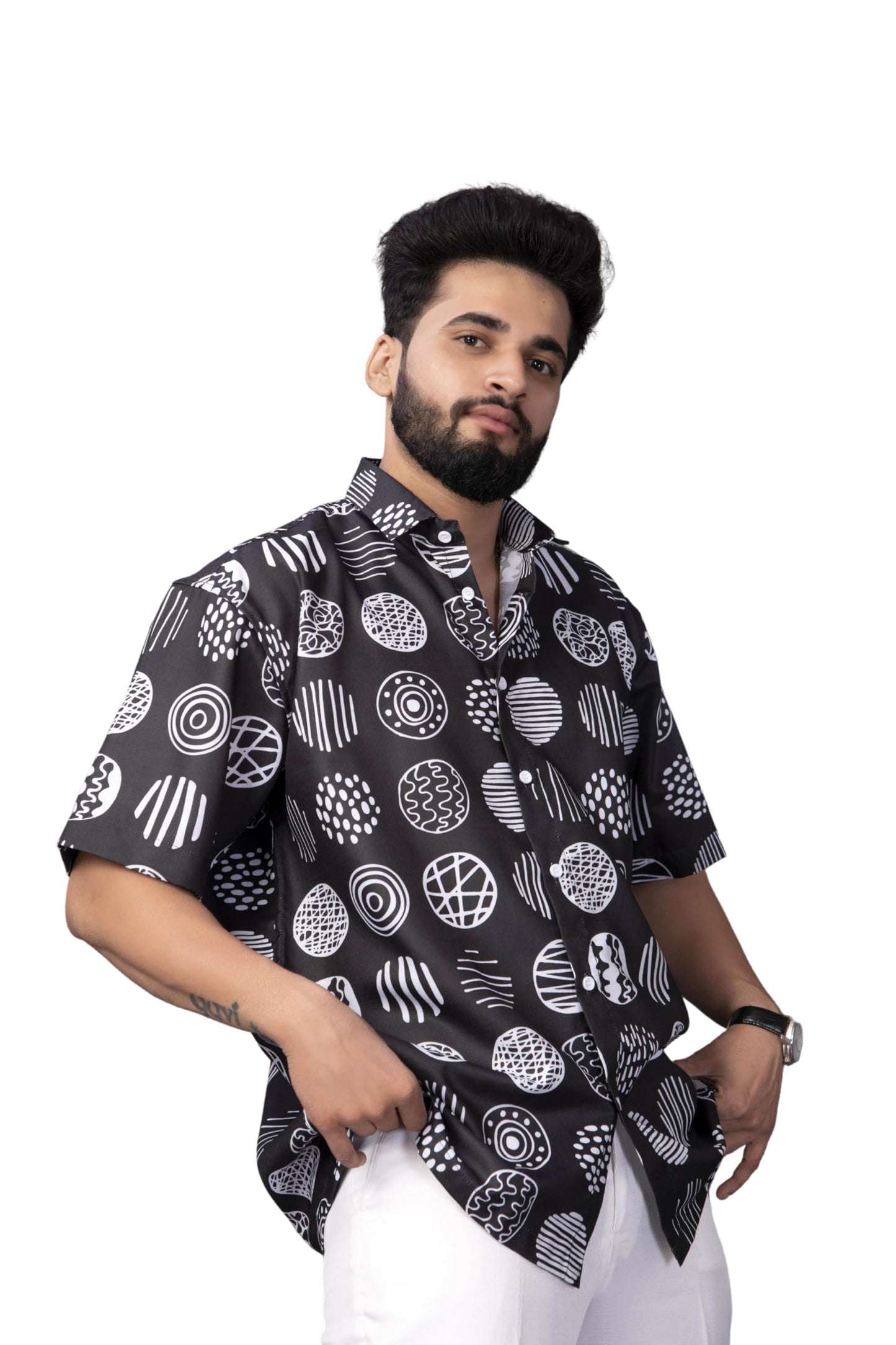 Brown Culture MenS Cotton Blend Abstract Print Shirt With Spread Collared Half Sleeves Standard Length And Button Down Closure