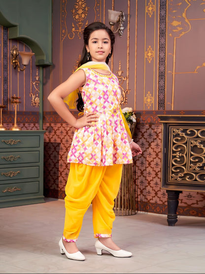 Aarika Girls Ethnic Wear Yellow Colour Floral Print Beads Embroidery Cotton Blend Dhoti Kurta Set With Dupatta-4-9 Years (Dh-Shm