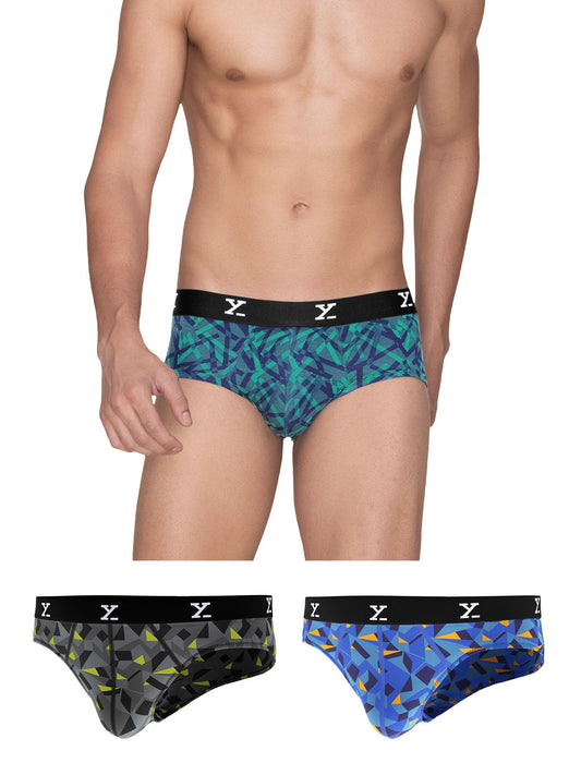 XYXX Mens Modal Slim Geometric Briefs (Pack of 3) (XY_R5_BRF_03_Aqua Strokes Blue + Prism Grey