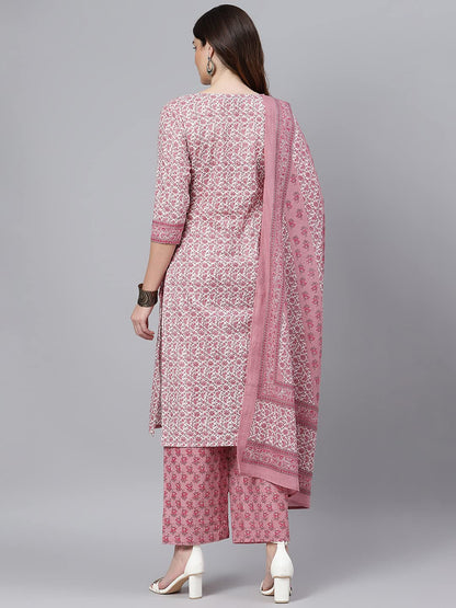 idaLia Womens Ethnic Wear Pink Printed Straight Cotton Kurta Set with Dupatta for Women