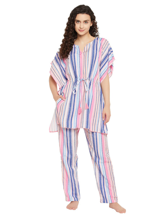 Clovia Womens Rayon Stripes Kaftan Top & Pyjama Set(LS0592P19_Multi_S) Multicolour