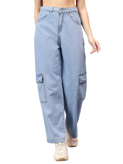 Kotty WomenS High Rise Solid Cotton Blend Stylish Cargo Jeans(Blue,30)