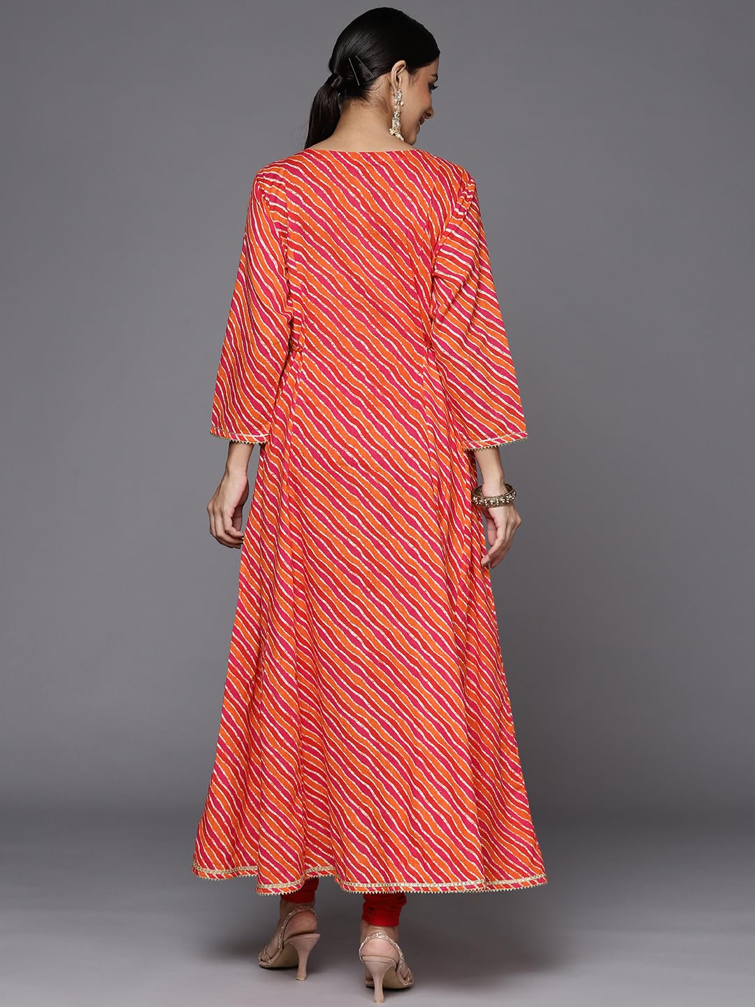 Varanga orange lehariya printed kalidar kurta with gotta pati embroidery