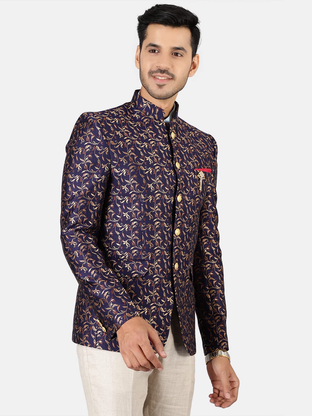 WINTAGE Mens Banarasi Rayon Cotton Festive and Casual Bandhgala Jodhpuri Blazer :Blue