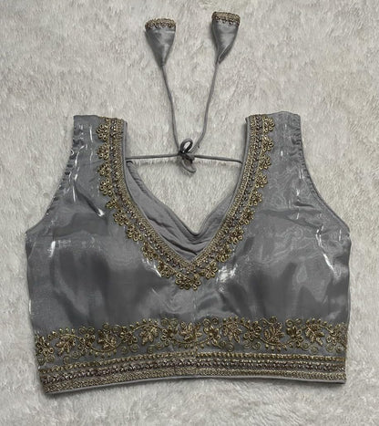 Vihu Fashion Womens Readymade Sleeveless blouseIndian Ethnic Designer Blouse Jimmy Choo Fabric Embroidered V Neck Blouse Back H