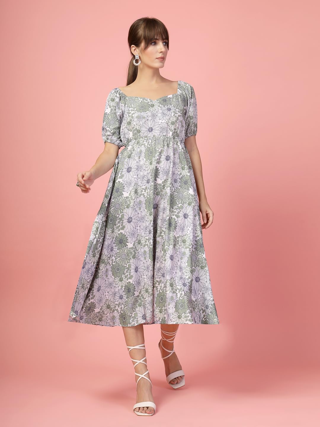 Oomph! Flared Dress For Women Stylish | Long One Piece For Women | Puff Sleeve Long Dress | Floral Print Maxi One Piece | Wester