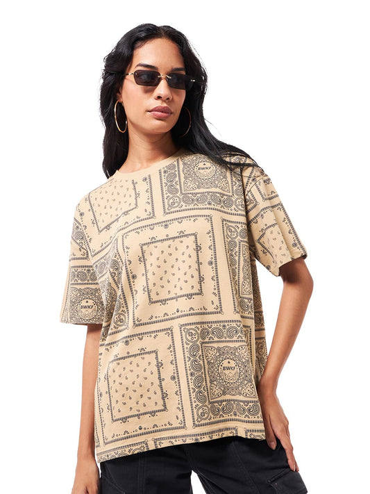 Bewakoof Heavy Duty 1.0 Womens All Over Printed Oversized T-Shirt_581996_Brown_M