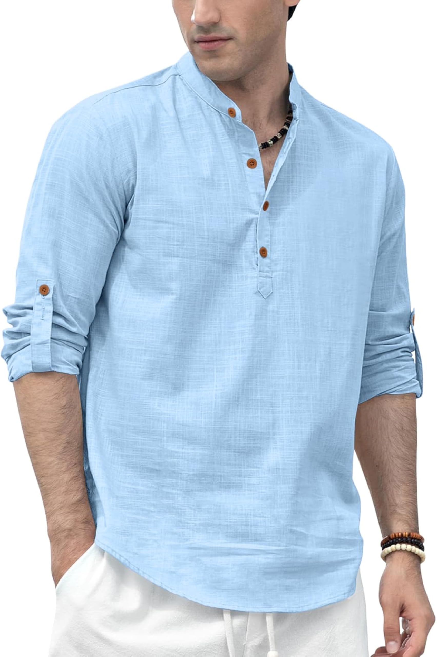Zombom MenS Solid Cotton Blend Straight Kurta Shirt, Regular Fit Full Sleeve Short Kurta Shirt Sky Blue