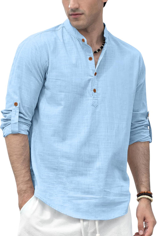 Zombom MenS Solid Cotton Blend Straight Kurta Shirt, Regular Fit Full Sleeve Short Kurta Shirt Sky Blue
