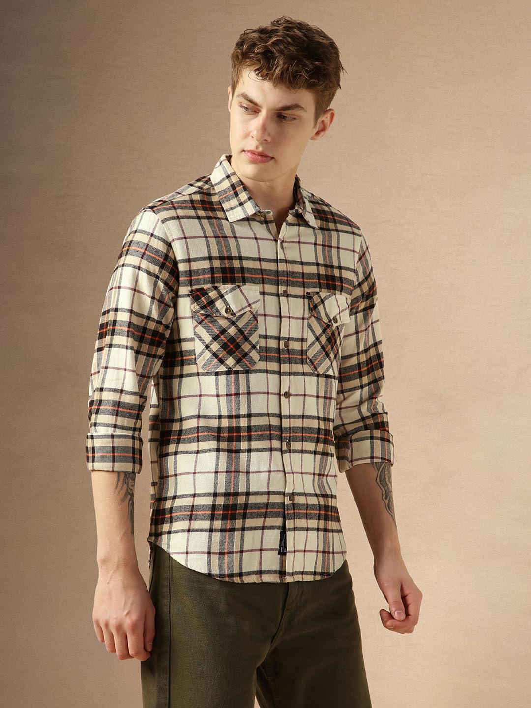 Dennis Lingo MenS Beige Cotton Spread Collar Long Sleeves Checked Shirts