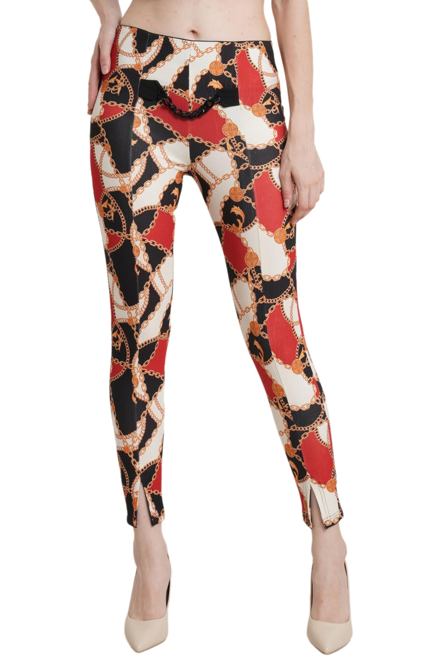 POPWINGS Women Multi Color Chain Printed Solid Mid Rise Body Fitted Jeggings