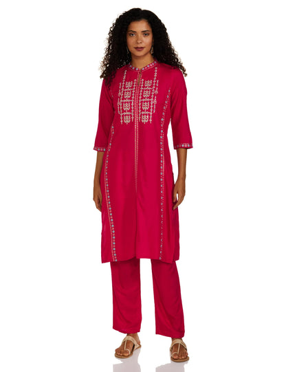 W For Woman Pink Glitter Printed Embroidered Straight Kurta And Straight Pants Set