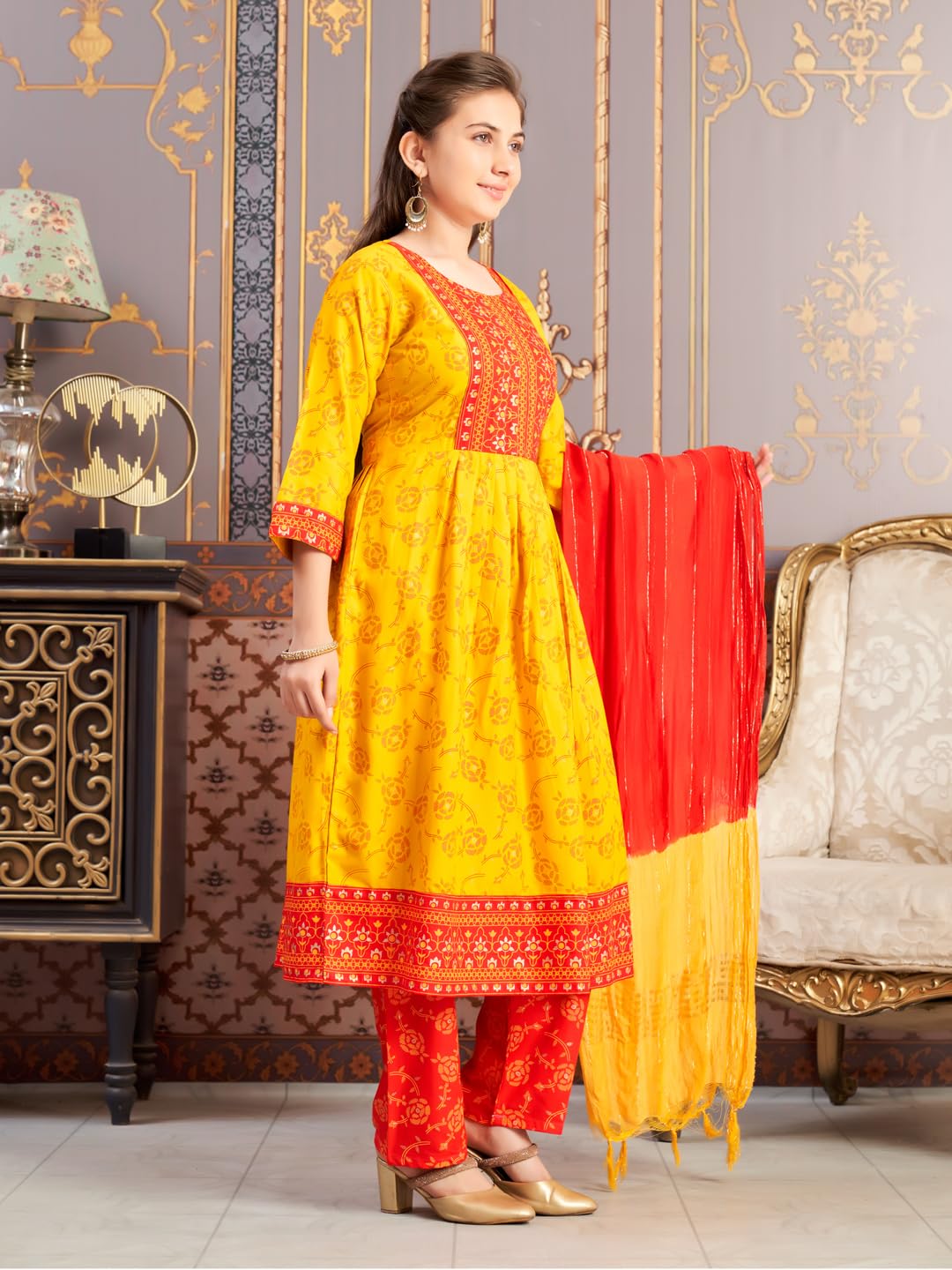 Aarika Girls Ethnic Wear Yellow-Red Colour Foil Print Rayon Kurti-8-15 Years (Kurti-Ap-804)