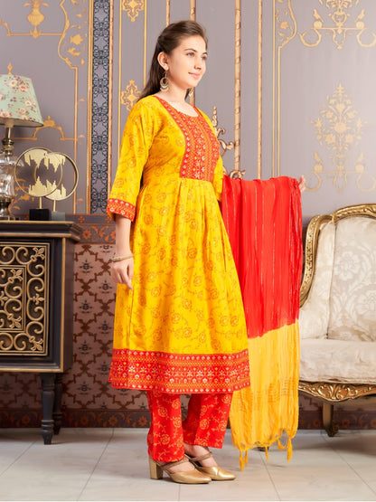 Aarika Girls Ethnic Wear Yellow-Red Colour Foil Print Rayon Kurti-8-15 Years (Kurti-Ap-804)