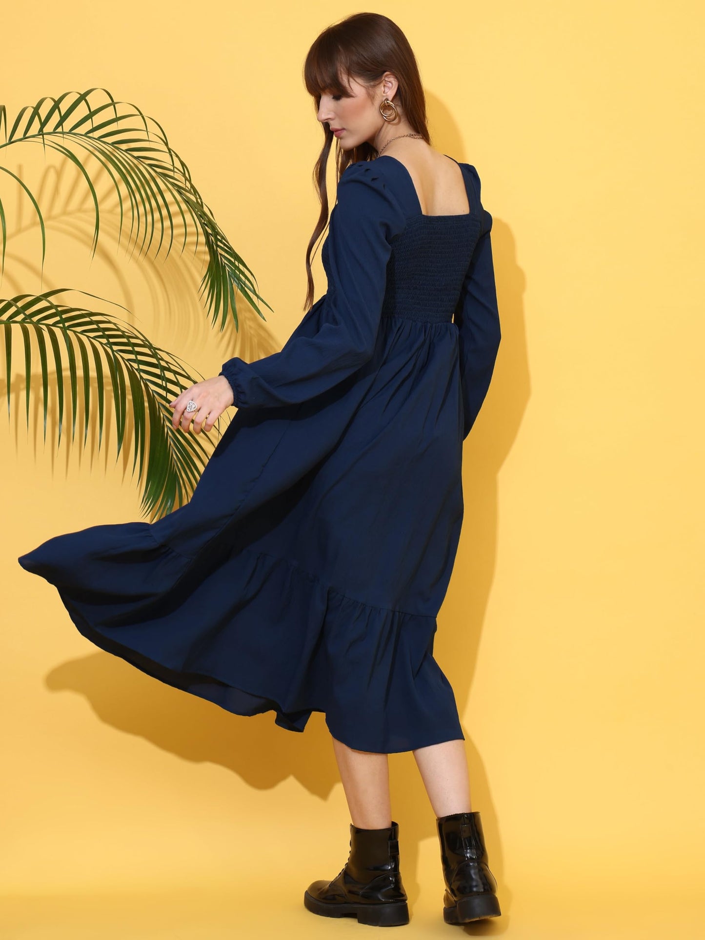 Sheetal Associates WomenS Casual Full Sleeve Crepe Fit & Flare Dress | Comfortable Relaxed Fit Summer Party Dress Dark Blue