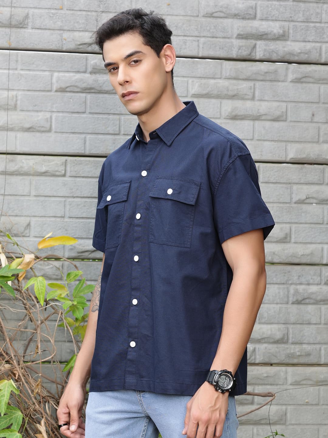 Thomas Scott Solid Double Pocket Boxy Fit Casual Shirts for Mens NavyBlue